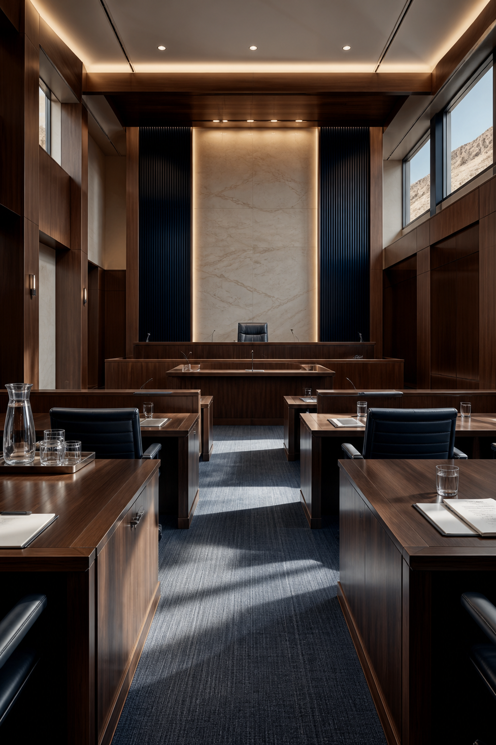 A modern Nevada courtroom prepared for trial