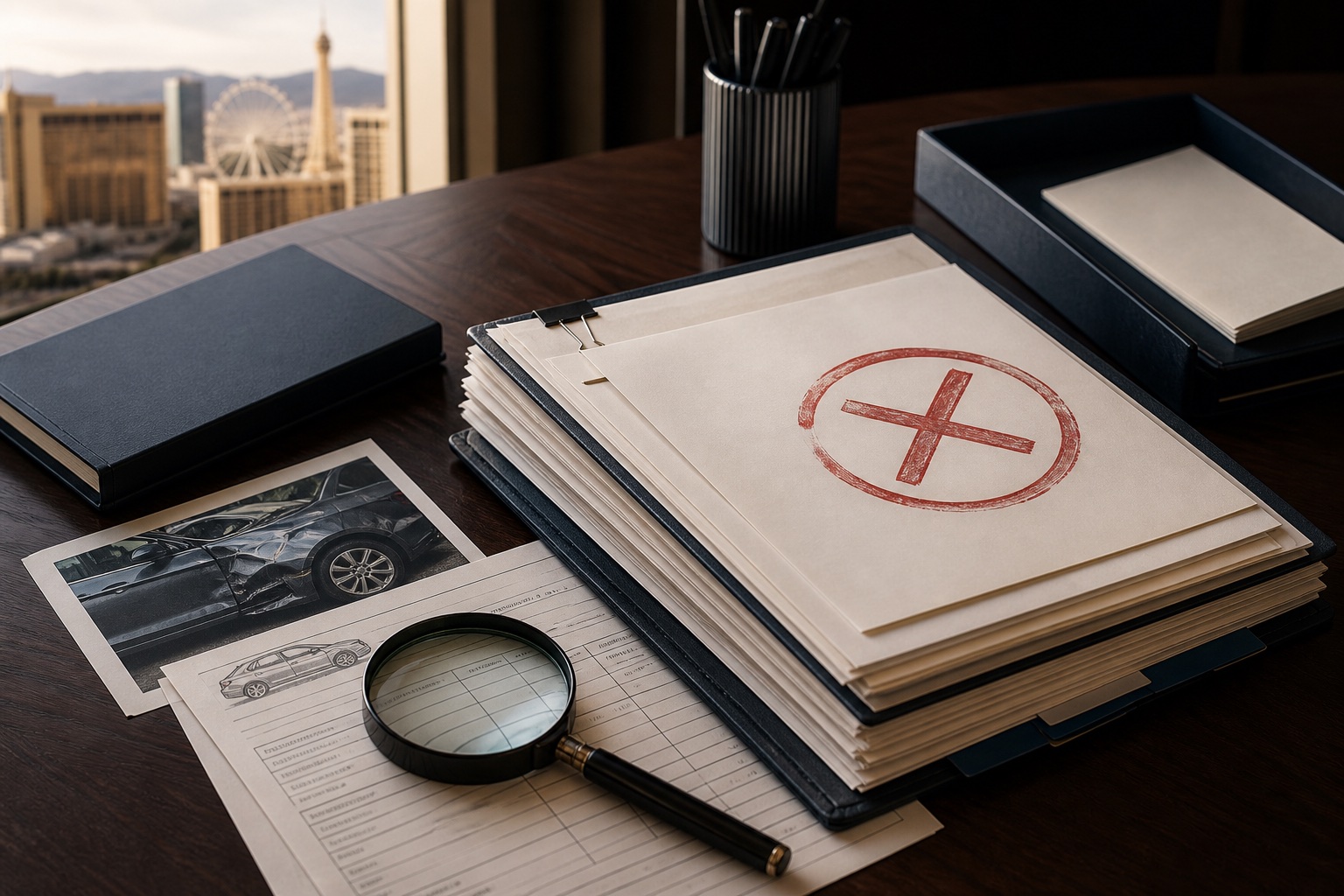 Insurance claim file marked for review in a Las Vegas law office