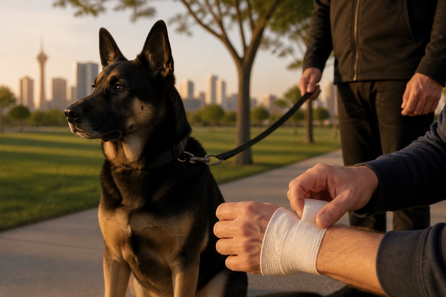 Leashed dog and bandaged hand representing a dog bite injury case