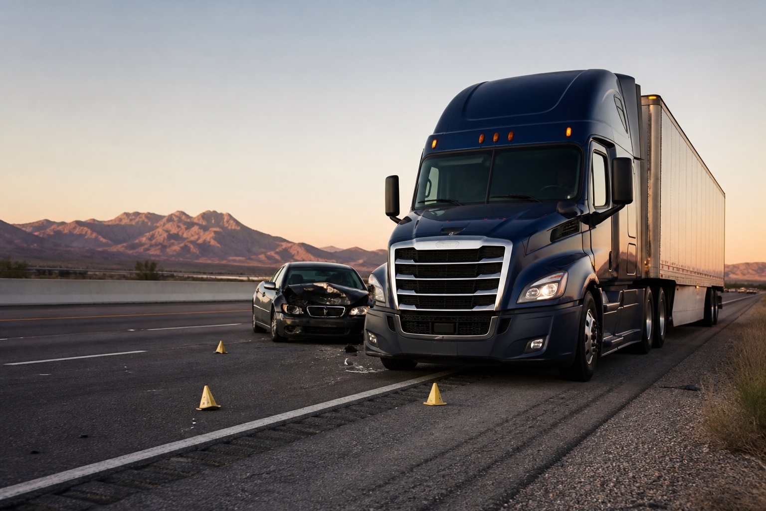 Southern Nevada freeway scene with a semi truck and crash evidence