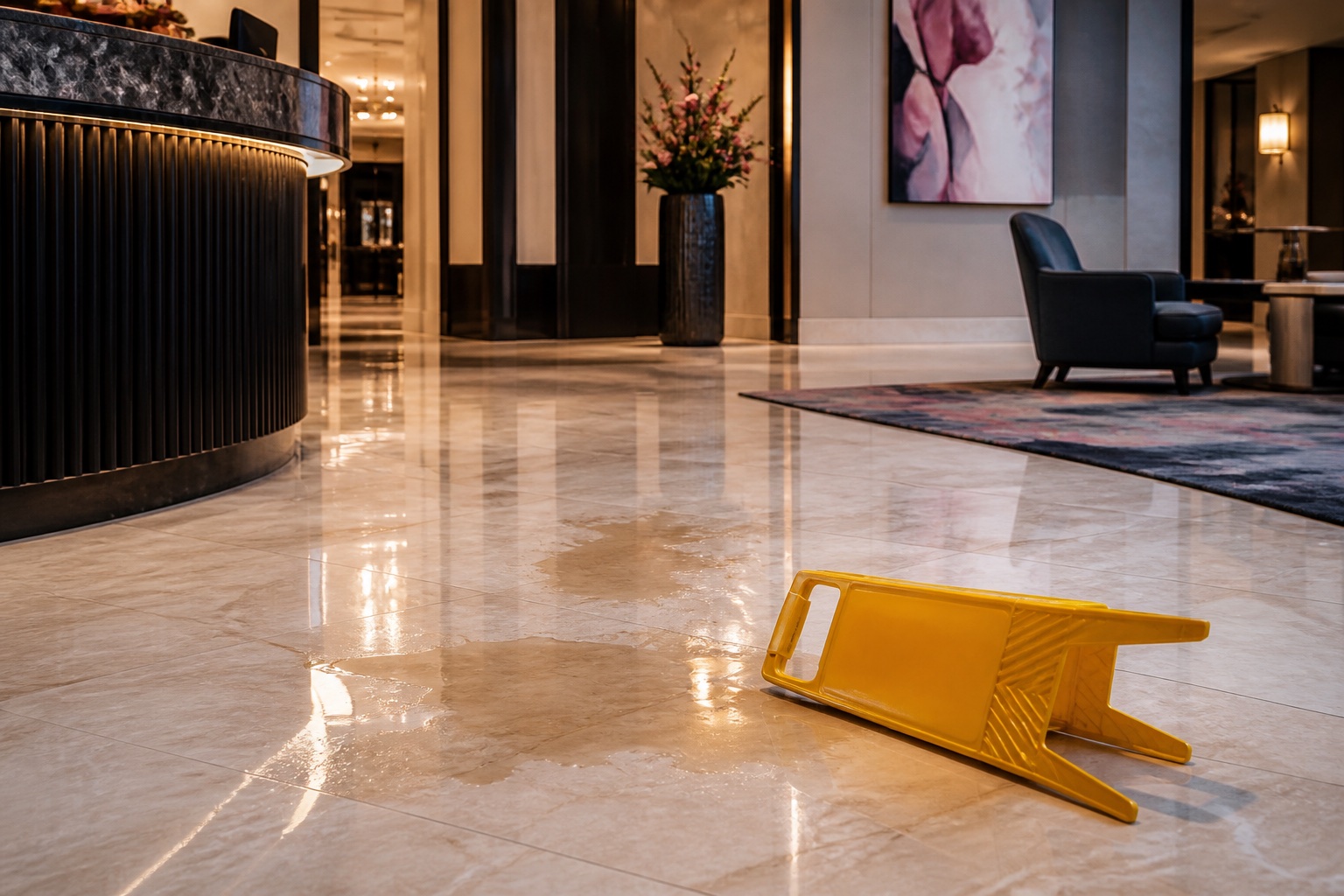Wet tile hazard in an upscale property representing a slip and fall case